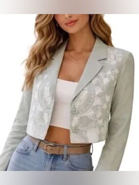 Le' Al.x Linen Embroidered Jacket Blazer Medium Seafoam Green